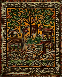 A brown savanna with leafy trees designed in Moroccan rug art painted by Keith Haring