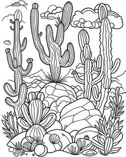 outline art for stoners coloring pages with A very simple and super minimal design featuring A psychedelic desert oasis with cacti shaped like giant buds, white background, sketch style, fully body, only use outline, cartoon style, clean line art, white background, no shadows and clear and well outlined