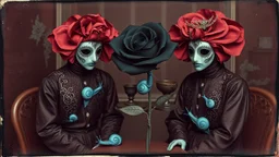 The Watchers with blue snails and black rose of the Empty Room, augmented reality, pantomim, masks, eerieland, abstract surrealism, glitter, calotype combineted transparent burgundy and pastel mint color, tintype , performance art