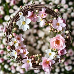 A hyper-realistic photograph of spring flowers and willow branches arranged in a wreath, top view composition, natural and soft mood, photorealistic style, macro photography, spring background, diffused natural lighting, pastel and fresh tones, ultra high resolution --ar 16:9
