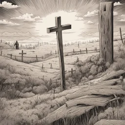 one dirt grave, wood cross, comic book, illustration,