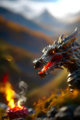 portrait of dope dragon blowing some fire smoke rings on mountain top, with rock giant creature in the background,shot on Hasselblad h6d-400c, zeiss prime lens, bokeh like f/0.8, tilt-shift lens 8k, high detail, smooth render, down-light, unreal engine, prize winning