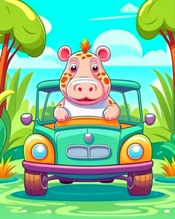 baby hippopotamus, cartoon style, safari background, driving a tourist car, colorful, high quality