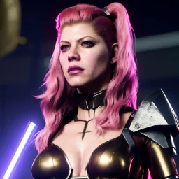 Actress, Katheryn Winnick, cyber woman, latex, blood, portrait, studio photo, unreal engine 5, samurai, 16 bit, god lights, ultra hd, vibrant color, night city background, neon.