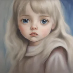 Sad Little girl in the style of Margaret Keane, huge blue eyes, hiny oil painting