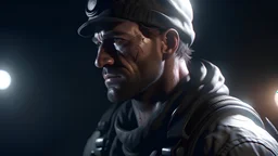 a man , detail, smooth render, learn machine scenery, comunity, many people, mineral water, full body, mad max charger, down-light, dark winter, ar 16:9