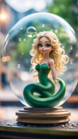 portrait of tiny green mermaid snake winged fairy with blonde swirly hair completly inside crystal ball bubble at the train station under waterfall,bokeh like f/0.8, tilt-shift lens 8k, high detail, smooth render, down-light, unreal engine, prize winning