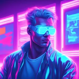 Vaporwave vintage digital painting neon-lit artwork cyberpunk cyborg man character with neon implants