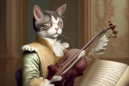 Mature cats dressed like _Wolfgang Amadeus Mozart_, paws, perfect iris, playing music, stre...istic, extremely accurate, delicate, extremely detailed, Graphic novel style, wide-angle, open aperture, superfine pencil