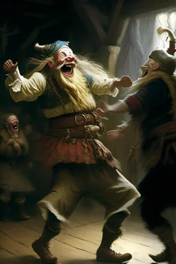 A Norwegian viking dancing a jig with Rumplestiltskin while God laughs