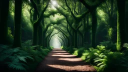 Create beautiful Intricate lush real Forest Alley one point perspective symmetry real shot 2. inspired cinematic photography 3Aim for hyper-detailed 8K resolution