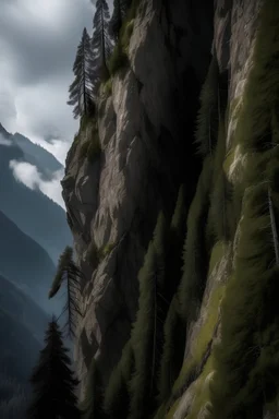 A rock climber falling from the cliffs of a very tall and scary mountain with tall trees in the background.