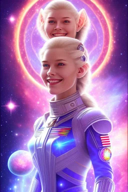 cosmic woman smile, admiral from the future, one fine whole face, crystalline skin, expressive blue eyes,rainbow, smiling lips, very nice smile, costume pleiadian, Beautiful tall woman pleiadian Galactic commander, ship, perfect datailed golden galactic suit, high rank, long blond hair, hand whit five perfect detailed finger, amazing big blue eyes, smilling mouth, high drfinition lips, cosmic happiness, bright colors, blue, pink, gold, jewels, realist, purple hairs