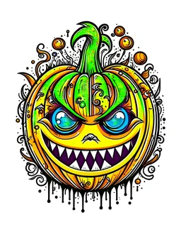 vector t-shirt art ready to print colorful graffiti illustration of a Halloween pumpkin, cute, action shot, vibrant color, punk, high detail, white background
