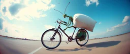 pinhole cam, airbrush 3d rendering,,A futuristic airplane The Mantis Pillow Fighter 🦗🥊 A bizarre upright bicycle-creature, front wheel replaced by articulated mantis-like arms carrying enormous inflatable pillows, looking far too serious about complying with official pillow-fighting regulations.