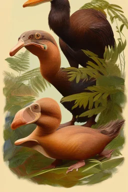 John James Audubon-like illustration of a fully uncropped Dodo bird and a Platypus