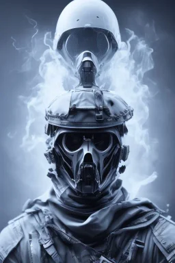 All Black british soldier, ghost, wearing high tech mask, white smoke, dark, rage, sorrow, high definition, ultra 8 k, volumetric lighting, blue fire, fog