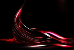 A striking abstract composition featuring flowing, high-shine red ribbons set against a deep black void. Diagonal architectural curves meet soft, out-of-focus golden light orbs. Bright reflective surfaces create a high-contrast look with a luxurious, high-tech feel. Cinematic color grading, sharp focus on textures.