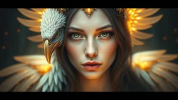layering, fantasy, mysticism, portrait of a woman-bird, glare, gold, glow, 8K, 3D, fine rendering, high detail, hyperrealism, high resolution, layering, hyperdetail, hyperfocus, vignette