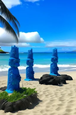 A blue beach with Hawaiian tikis