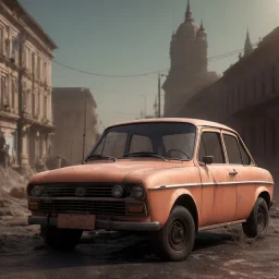 an Lada car ultra realistic durty dust no clean ,wide body , ,on street,8k resolution, high-quality, fine-detail, parked in crowded city winter wide body night future city