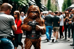 Chewbacca perdido en la gran ciudad, entre el bullicio de la gente fotografía, disparo cámara Leica