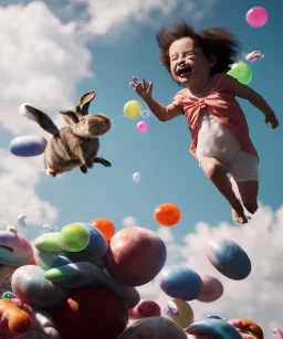 Ultra realistic speed clouds sky scene, wide angle view, child falling down with many Children background, rabbit head, inflatable monsters, circus dress style, feather color, free jumping flying, many trinkets, hair monster, many jelly beans, balls, color smoke, smile, happy, extreme, wind, clouds sea, 20,000 feet altitude, stratosphere, soft color, highly detailed, unreal engine 5, ray tracing, RTX, lumen lighting, ultra detail, volumetric lighting, 3d, finely drawn, high definition.