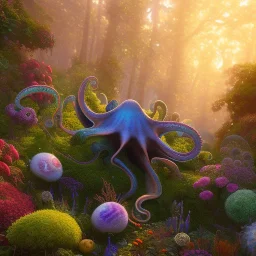 pixar style, volumetric summer garden environment and background, realistic painting of a octopus, looking excited, detailed digital painting, extreme dense and fine fur, anime, ornate, colour-washed colors, elegant, small minutiae, tiny features, particulars, centered, smooth, sharp focus, renderman gofur render, 8k, uhd, detailed eyes, realistic shaded volumetric lighting, sunlight caustics, backlight, centered camera view