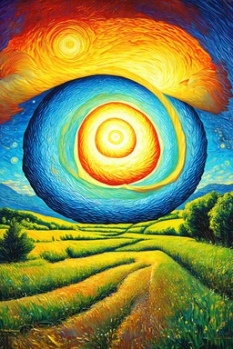 The chamber of spirals; surrealistic spiral breaking up a sunny Van Gogh-like Post-Impressionistic dreamy landscape