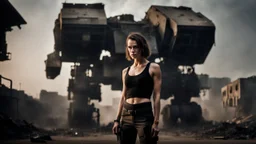 beautiful slender caucasian female technician with a knife, looking away from camera, black tank top, well toned muscles, weathered face, scratched sand camo metal details, short brunette wavy bob haircut, dystopian, postapocalyptic city scene with smoke and explosions. giant robot in the background