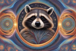 cosmic raccoon scene with swirling fractals in the style of alex grey