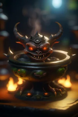 nightmare, cauldron with shining sigil and containing a slightly demonic alien imp gremlin in it, prize winning oil painting, ,bokeh like f/0.8, tilt-shift lens 8k, high detail, smooth render, down-light, unreal engine