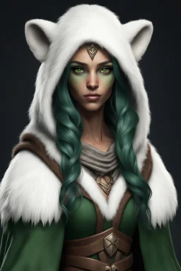 A realistic wood elf druid from dungeons and dragons with long dark green hair. she has green eyes. she has bronze skin. she is wearing a white fur cloak with a polar bear head hood. She has long ears under the hood
