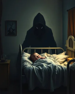Bosch painting style ,nightmare, shadow of Scary hooded dark creature behind a baby sleeping in bed in a dim light baby room