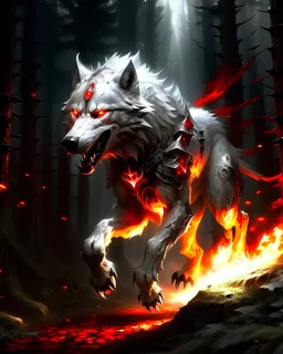 massive silver and red armored fantasy white wolf, glowing red eyes, running through a burning forest