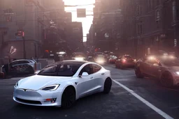 A Tesla 'Model Y' is drifting at high speeds, on the streets of San Francisco. (CINEMATIC, WIDE ANGLE LENS, PHOTO REAL)