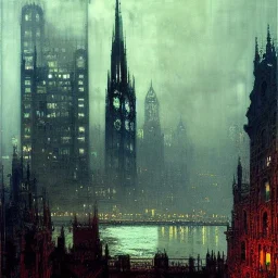 Gulf ,Skyline, Gotham city,Neogothic architecture, by Jeremy mann, point perspective,intricate detailed, strong lines, John atkinson Grimshaw,