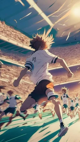 anime soccer player running as fast as the light, crowded stadium in the background