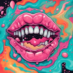 Surreal digital illustration of only a floating mouth that is puking out a psychedelic love spell, spilling from the large pair of cartoonist , overexaggerated lips, manga inspired, absurdist, postmodern, pastel color palette, fluid acrylic paint, epoxy resin , acrylic pour, unusual colors, trippy, gross, abstract, pulp fiction art style illustration, realvsx