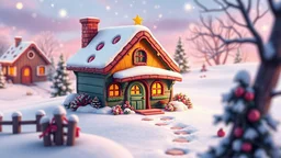 A cute colorful little cottage outside in a snowy land, 8k, high quality, trending art, trending on artstation, sharp focus, studio photo, intricate details, highly detailed, by tim burton