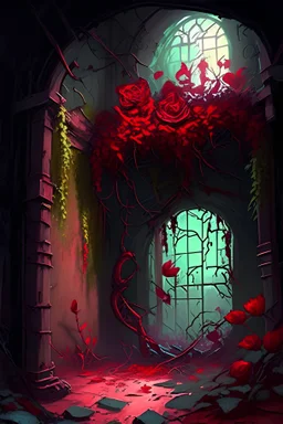 Abandonedteampunk dungeon room in overrun with vines and red flowers painterly fantasy rpg art