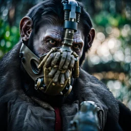 Cyborg, Ape, breathing device, gas mask, respirator Christopher Nolan, Dystopian, Extreme depth of field, bokeh blur, Alberta, all-natural, in the style of candid, imperfection, natural lighting, Fuji Film, Anamorphic lens