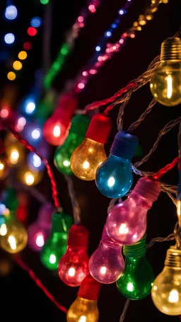 garland with multicolored light bulbs close-up on a dark background