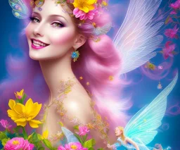 beautiful bright fairy portrait who smiles with long hair, thin face, two hands, two transparent wings on her back in a pink,blue, yellow flowers background,