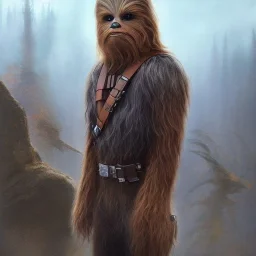 photorealistic and intricate portrait of chewbacca in star wars by tom bagshaw, wearing beskar armor, deep dark colors, hyperdetailed, 32K, oil on canvas,