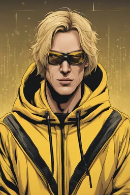 Blonde haired man, yellow hoodie, full face mask with smiley face
