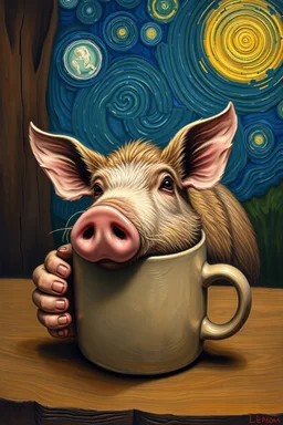 a true van gogh with a giant hog in a mug