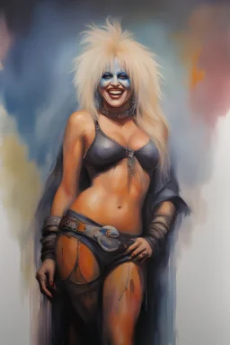 text "MOTLEY CRUE", head and shoulders portrait, Miss Motley Crue - well-shaped, perfect figure, perfect face, laughing, a multicolored, watercolor stained, wall in the background, oil painting in the art style of Frank Frazetta, 4k, 8k, 32k UHD, Hyper realistic, extremely colorful, vibrant, photorealistic, realistic, sharp, highly detailed, professional quality, beautiful, awesome, majestic, superb, trending on artstation, pleasing, lovely, Cinematic, gorgeous, Real, Life like, Highly detailed,