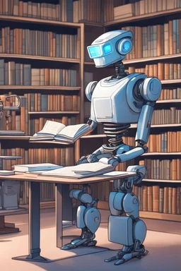 The library is serviced by computers, and there are many books on the shelves. The robot sits at the table and searches for books in the catalog in the computer Expression. High-quality drawing, 8K