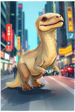 transparent furry sleek dinosaur weasel with cute fur, in big cyberpunk city crossover, volume light and motion blur, airbrush and pen outline in background only